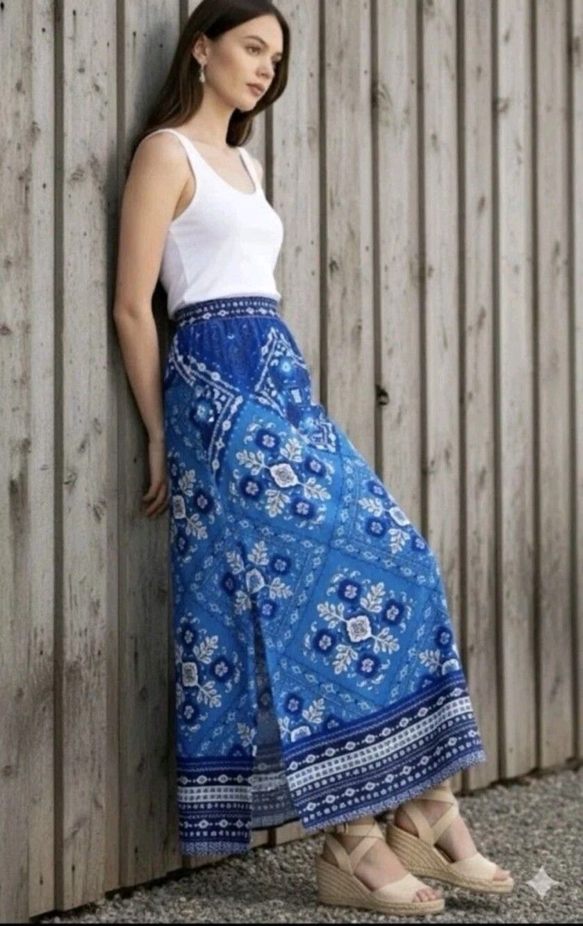 Johnny Was Linen High Double Slit Floral Skirt Ciena Medium Boho Festival Hippie